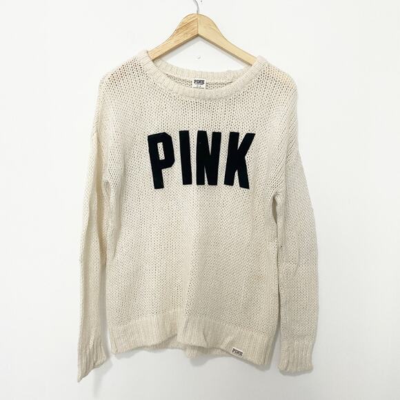 Victoria's Secret PINK Logo Cream Knit Sweater Size Small - Picture 1 of 4